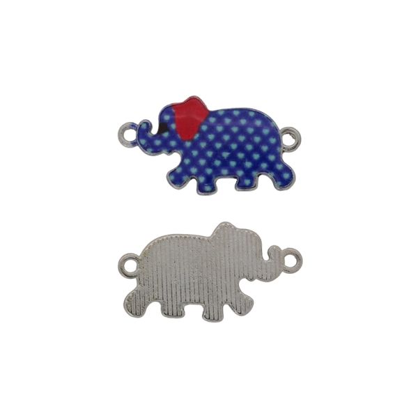 METAL BEADS WITH ENAMEL - CONNECTING ELEMENT WITH 2 RINGS - ELEPHANT 12 - 28x15x2mm NICKEL-BLUE (DARK)-RED - PACKAGE 30pcs. Hole-1.8mm