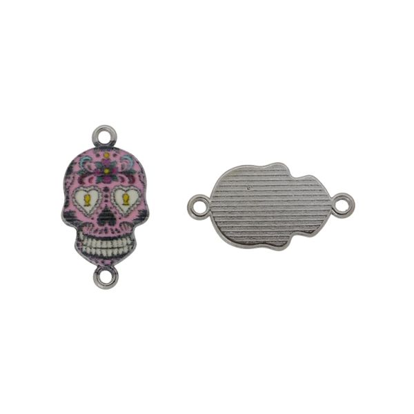 METAL BEADS WITH ENAMEL - CONNECTING ELEMENT WITH 2 RINGS - SKULL 01 - 26x14x1.7mm NICKEL-PINK (LIGHT)-BLACK - PACKAGE 30pcs. Hole-1.8mm