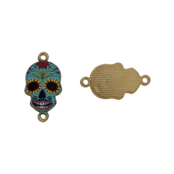 METAL BEADS WITH ENAMEL - CONNECTING ELEMENT WITH 2 RINGS - SKULL 08 - 26x14x1.7mm GOLD AND MIX - 3pcs. Hole-1.8mm