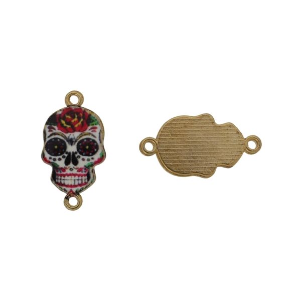 METAL BEADS WITH ENAMEL - CONNECTING ELEMENT WITH 2 RINGS - SKULL 09 - 26x14x1.7mm GOLD AND MIX - 3pcs. Hole-1.8mm