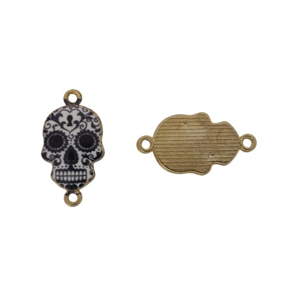 METAL BEADS WITH ENAMEL - CONNECTING ELEMENT WITH 2 RINGS - SKULL 10 - 26x14x1.7mm GOLD-BLACK-WHITE - PACKAGE 30pcs. Hole-1.8mm