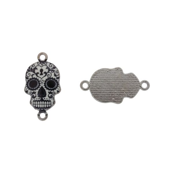 METAL BEADS WITH ENAMEL - CONNECTING ELEMENT WITH 2 RINGS - SKULL 10 - 26x14x1.7mm NICKEL-BLACK-WHITE - PACKAGE 30pcs. Hole-1.8mm