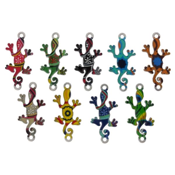 METAL BEADS WITH ENAMEL - CONNECTING ELEMENT WITH 2 RINGS - SALAMANDER LIZARD MIX 01 - 23x14x1.4mm MIX - 3pcs. Hole-1.8mm