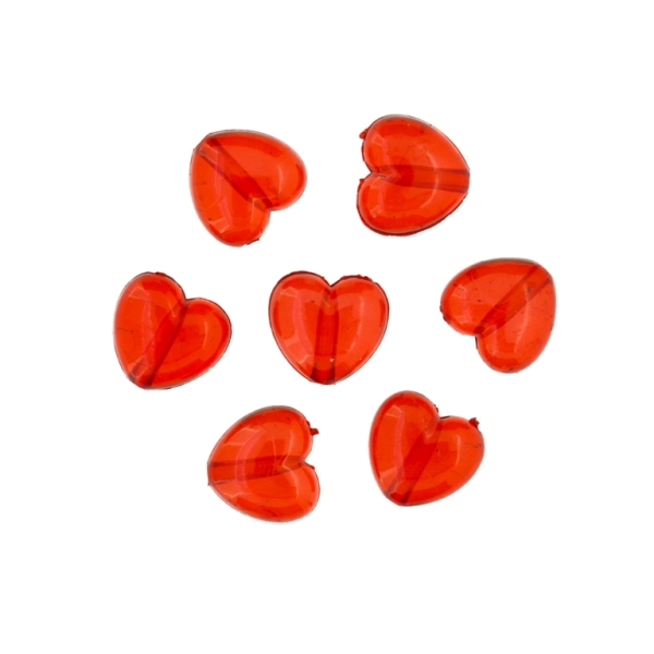 TRANSPARENT PLASTIC BEADS - HEART 01 - 10x11x6mm RED V12 - 50g Hole-1.8mm (125pcs.)