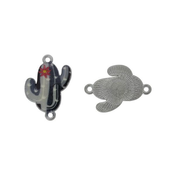 МЕТАЛНИ МЪНИСТА С ЕМАЙЛ - СВЪРЗВАЩ ЕЛЕМЕНТ С 2 ХАЛКИ - КАКТУС 01 - 24х18х2мм НИКЕЛ-СИВО-ЧЕРНО - 3 бр. Отвор-1.5мм