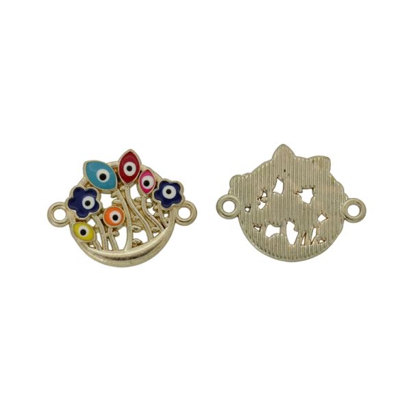 МЕТАЛНИ МЪНИСТА С ЕМАЙЛ - СВЪРЗВАЩ ЕЛЕМЕНТ С 2 ХАЛКИ - ОЧИ 01 - 23х18х2мм ЗЛАТИСТО И МИКС - 3 бр. Отвор-1.5мм