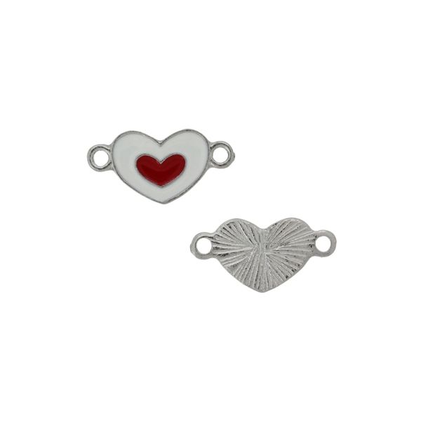 METAL BEADS WITH ENAMEL - CONNECTING ELEMENT WITH 2 RINGS - HEART 29 - 22x11x1.8mm NICKEL-RED-WHITE - PACKAGE 40pcs. Hole-1.8mm