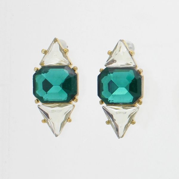 JEWELRY - EARRINGS - SCREW - CRYSTALS - Е866 - 1.2x2.7cm GOLD-WHITE-GREEN - PACKAGE 6 pairs