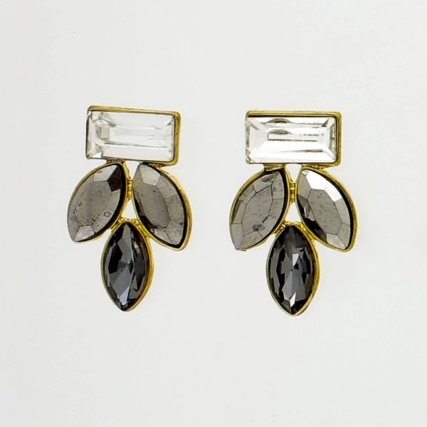 JEWELRY - EARRINGS - SCREW - CRYSTALS - LEAVES Е867 - 1.4x2.3cm GOLD-GRAY-WHITE - PACKAGE 6 pairs