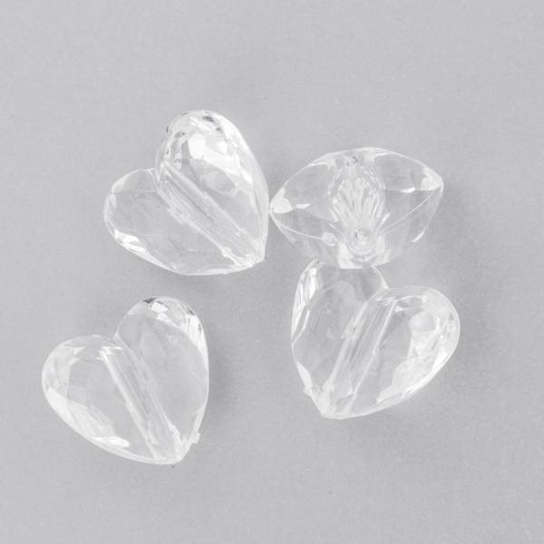 TRANSPARENT PLASTIC BEADS - HEART 06 FACETED - 17x18.5x11mm WHITE V01 - PACKAGE 500g Hole-2.5mm (270pcs.)