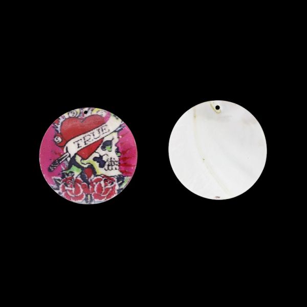MOTHER OF PEARL BEADS - PENDANT - CIRCLE 01 - SKULL 01 - 50x2.0mm CYCLAMEN-RED-WHITE - SECOND-RATE - PACKAGE 10pcs. Hole-1.8mm 