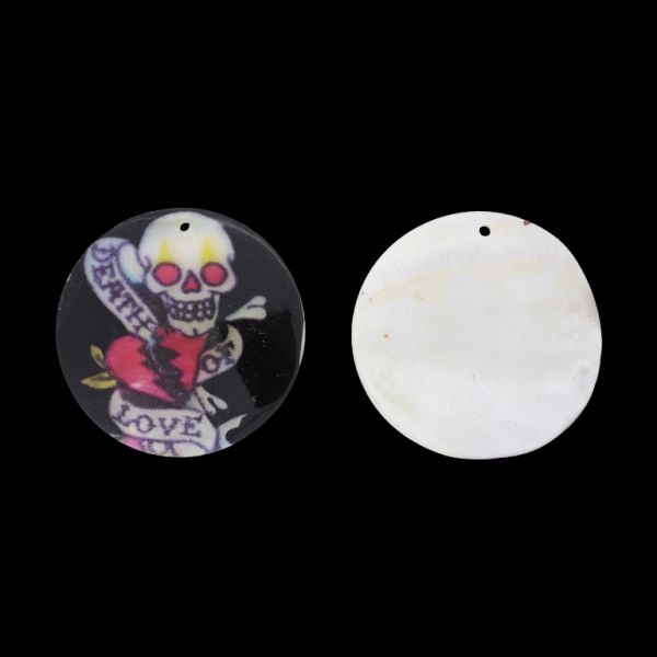 MOTHER OF PEARL BEADS - PENDANT - CIRCLE 01 - SKULL 02 - 50x2.0mm BLACK-WHITE - SECOND-RATE - PACKAGE 10pcs. Hole-1.8mm 