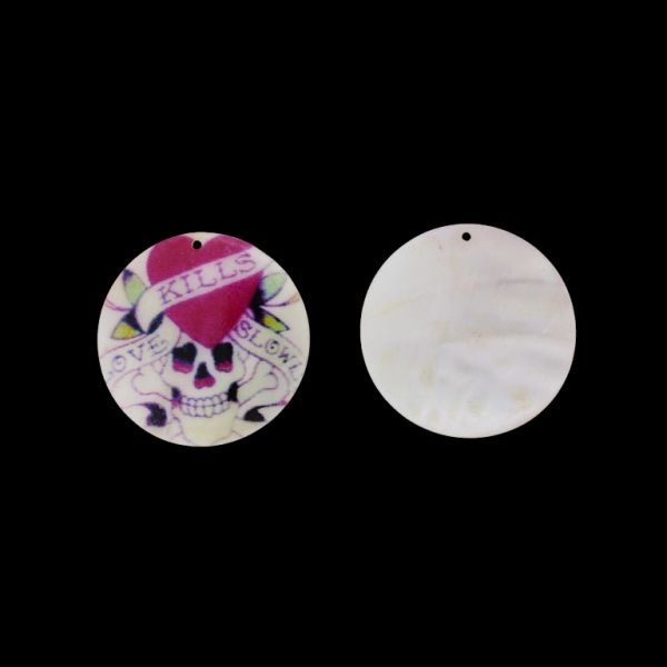 MOTHER OF PEARL BEADS - PENDANT - CIRCLE 01 - SKULL 03 - 50x2.0mm WHITE-CYCLAMEN-BLACK - SECOND-RATE - PACKAGE 10pcs. Hole-1.8mm 