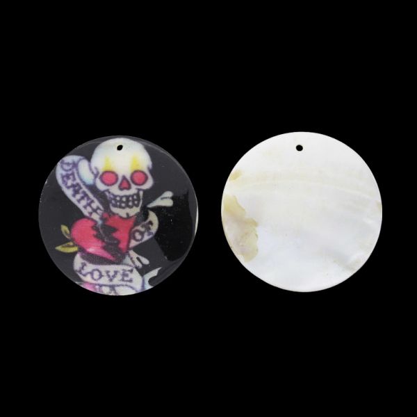 MOTHER OF PEARL BEADS - PENDANT - CIRCLE 01 - SKULL 04 - 60x2.5mm BLACK-WHITE-RED - SECOND-RATE - PACKAGE 10pcs. Hole-1.8mm 