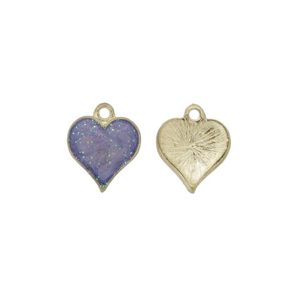 METAL BEADS WITH ENAMEL - PENDANT - HEART 32 GLITTER - 16x18x2mm GOLD-PURPLE - PACKAGE 30pcs. Hole-1.8mm