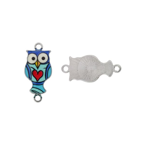 METAL BEADS WITH ENAMEL - CONNECTING ELEMENT WITH 2 RINGS - OWL 09 HEART - 26x12x2mm NICKEL-TURQUOISE-BLUE (DARK)- PACKAGE 30pcs. Hole-2.0mm 