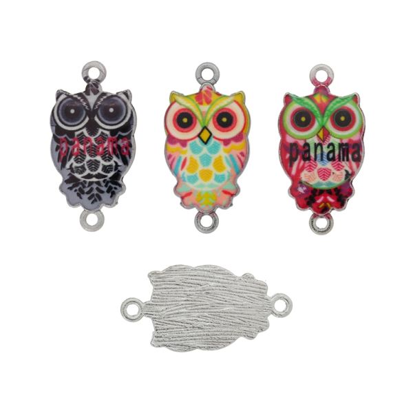 METAL BEADS WITH ENAMEL - CONNECTING ELEMENT WITH 2 RINGS - OWL MIX 01 -26x13x2mm NICKEL И MIX - 3pcs. Hole-1.6mm