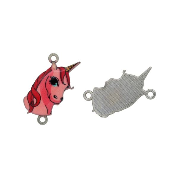 METAL BEADS WITH ENAMEL - CONNECTING ELEMENT WITH 2 RINGS - UNICORN 07 - 25x13x2mm NICKEL-PINK-RED - PACKAGE 30pcs. Hole-1.5mm 