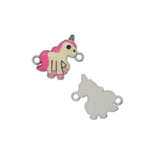 METAL BEADS WITH ENAMEL - CONNECTING ELEMENT WITH 2 RINGS - UNICORN 09 - 21x18x2mm NICKEL-ECRU-PINK (DARK) - 3pcs. Hole-1.8mm