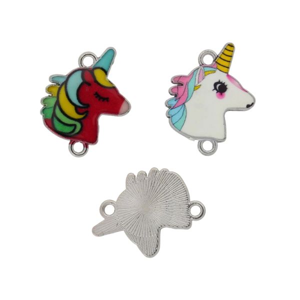 METAL BEADS WITH ENAMEL - CONNECTING ELEMENT WITH 2 RINGS - UNICORN MIX 03 - 24x22x2mm NICKEL И MIX - 3pcs. Hole-2.0mm