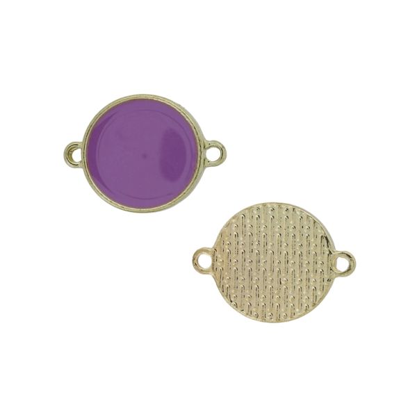METAL BEADS WITH ENAMEL - CONNECTING ELEMENT WITH 2 RINGS - CIRCLE 02 - 24x18x3mm GOLD-PURPLE - 3pcs. Hole-1.8mm
