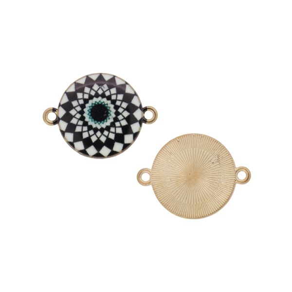 METAL BEADS WITH ENAMEL - CONNECTING ELEMENT WITH 2 RINGS - CIRCLE WITH MANDALA 02 - 24x18x2mm GOLD (DARK)-WHITE-BLACK - 3pcs. Hole-1.6mm