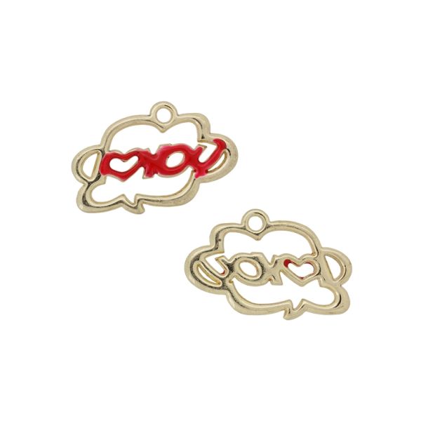 METAL BEADS WITH ENAMEL - PENDANT - CLOUD LOVE YOU 01 - 25x16x2mm GOLD-RED - 3pcs. Hole-1.8mm 