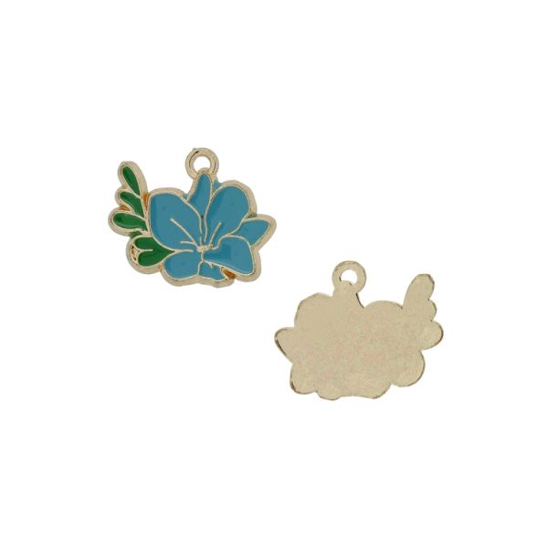 METAL BEADS WITH ENAMEL - PENDANT - FLOWER 47 - 19x16x2mm GOLD-TURQUOISE (DARK)-GREEN - 3pcs. Hole-1.5mm