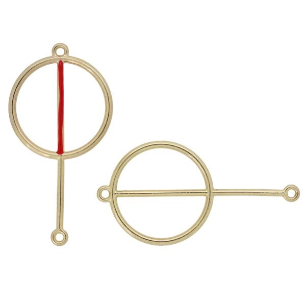 METAL BEADS WITH ENAMEL - CONNECTING ELEMENT WITH 2 RINGS - CIRCLE С WAND 01 - 48x25x2mm GOLD-RED - 3pcs. Hole-1.6mm