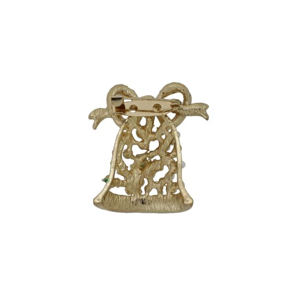 БИЖУТЕРИЯ - БРОШКА - МЕТАЛ И КРИСТАЛИ - КОЛЕДНА КАМБАНА В211 - 3.5х3.7см ЗЛАТИСТО-БЯЛО-ЗЕЛЕНО - 1 бр.