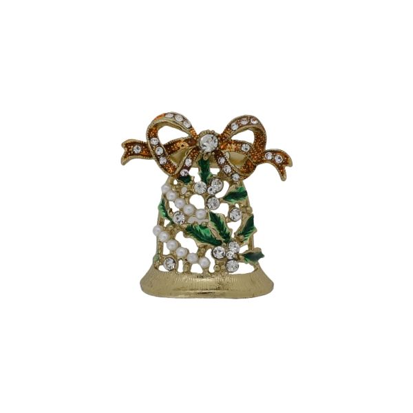 БИЖУТЕРИЯ - БРОШКА - МЕТАЛ И КРИСТАЛИ - КОЛЕДНА КАМБАНА В211 - 3.5х3.7см ЗЛАТИСТО-ОРАНЖЕВО-ЗЕЛЕНО - ПАКЕТ 6 бр.