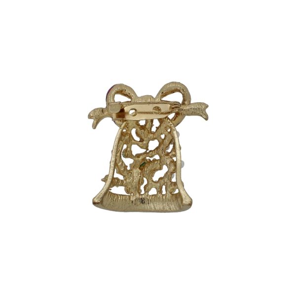 БИЖУТЕРИЯ - БРОШКА - МЕТАЛ И КРИСТАЛИ - КОЛЕДНА КАМБАНА В211 - 3.5х3.7см ЗЛАТИСТО-ЦИКЛАМА-ЗЕЛЕНО - ПАКЕТ 6 бр.