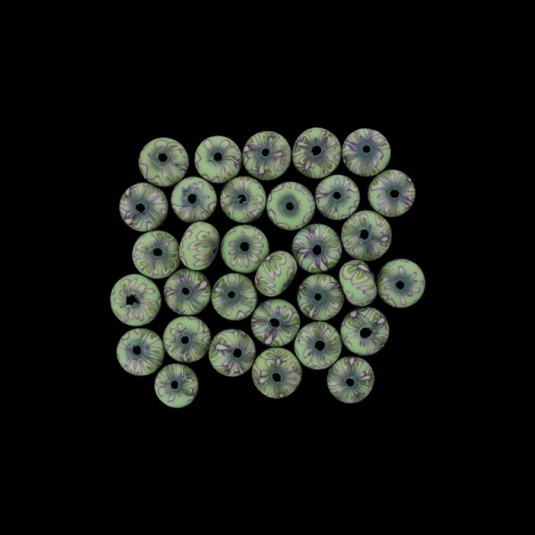 МЪНИСТА ОТ ПОЛИМЕРНА ГЛИНА ФИМО - ТОПЧЕ СПЛЕСНАТО - ЦВЕТЕ 09 - 6х10мм ЗЕЛЕНО СВ.ЕКРЮ-ЛИЛАВО - 50 бр. Отвор-1.8мм