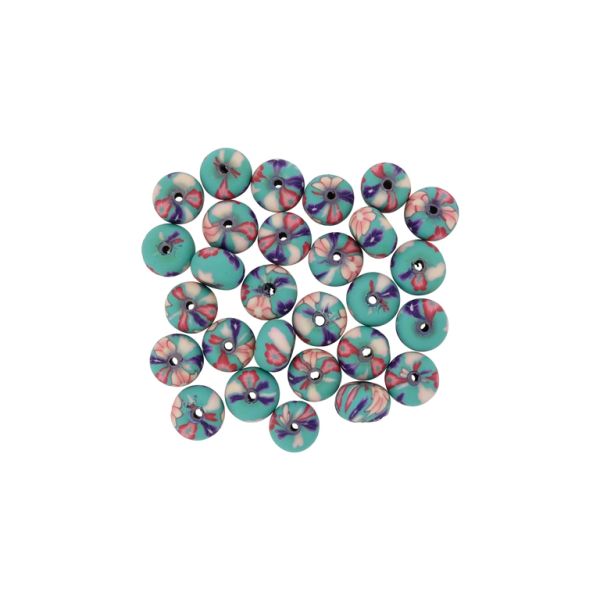 POLYMER CLAY FIMO BEADS - BALL FLAT - FLOWERS 01 - 6x10mm TURQUOISE (DARK)-PURPLE-RED - PACKAGE 500pcs. Hole-1.8mm