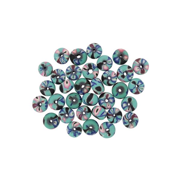 POLYMER CLAY FIMO BEADS - BALL FLAT - FLOWERS 02 - 6x10mm TURQUOISE-PINK (LIGHT)-BLUE (DARK) - 50pcs. Hole-1.8mm