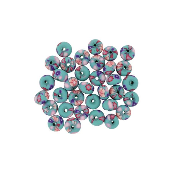 POLYMER CLAY FIMO BEADS - BALL FLAT - FLOWERS 03 - 6x10mm TURQUOISE-PURPLE-RED (LIGHT) - 50pcs. Hole-1.8mm