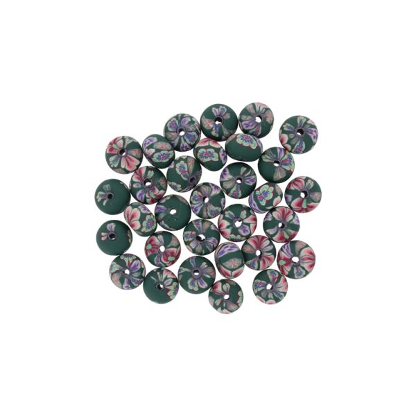 POLYMER CLAY FIMO BEADS - BALL FLAT - FLOWERS 04 - 6x10mm GREEN (DARK)-PINK-PURPLE - 50pcs. Hole-1.8mm