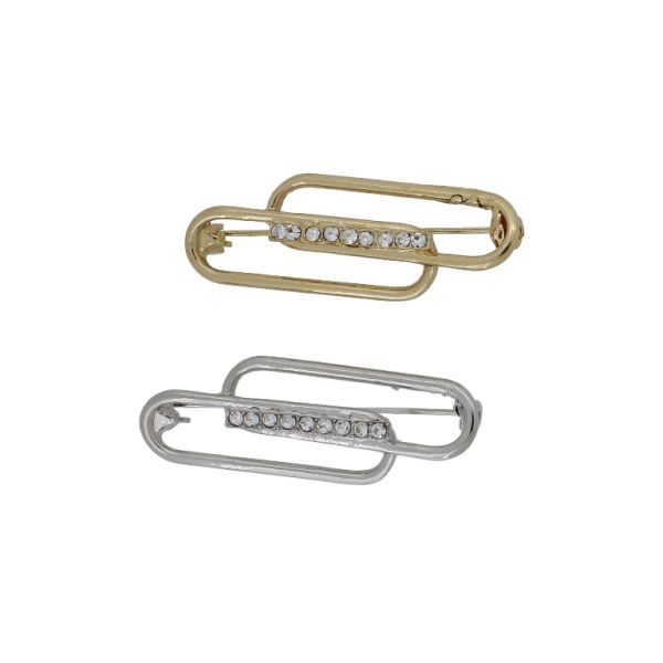 JEWELRY - BROOCH - METAL AND CRYSTALS - FORMS В225 - 1.6x4.6cm NICKEL-GOLD-WHITE - PACKAGE 6pcs.