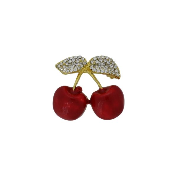 JEWELRY - BROOCH - METAL AND CRYSTALS - CHERRIES В217 - 3.6x3.2cm GOLD-RED-WHITE - PACKAGE 6pcs.