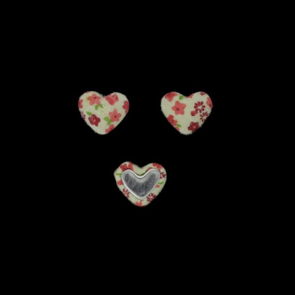ADHESIVE BEADS - TEXTILE - HEART 271 - 14x17x6mm - FLOWERS 04 - ECRU AND CYCLAMEN - PACKAGE 100pcs.
