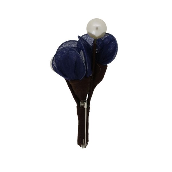 JEWELRY - BROOCH HANDMADE - METAL AND PEARLS - WOOD В245 - 5.2x8.7cm NICKEL-BLUE (DARK)-WHITE - 1pc.