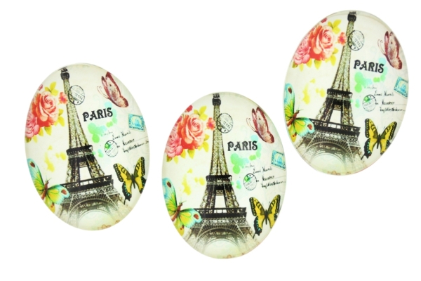 GLASS BEADS - CABOCHONS PATTERN - ELLIPSE 30х40 MM - LANDMARKS - EIFFEL TOWER AND BUTTERFLIES - 10 pcs.