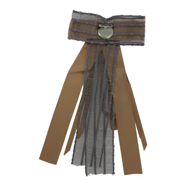 JEWELRY - BROOCH HANDMADE - METAL AND TEXTILE - RIBBON В298 - 10x22cm NICKEL-BROWN (LIGHT)-GRAY - 1pc.
