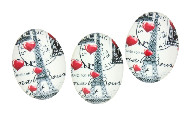 GLASS BEADS - CABOCHONS PATTERN - ELLIPSE 30х40 MM - LANDMARKS - EIFFEL TOWER AND HEARTS 02 - 10 pcs.