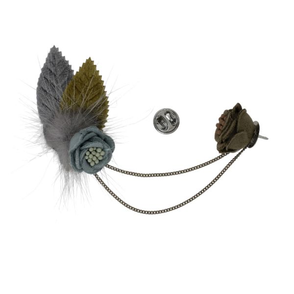 JEWELRY - BROOCH HANDMADE - METAL AND TEXTILE - FLOWERS В262 - 2.9x5.5cm NICKEL-GOLD-BLUE - PACKAGE 6pcs.