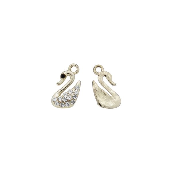 METAL BEADS - RHINESTONE HOLLOW ROUND BEADS - PENDANT - SWAN 01 - 11x22x3mm GOLD COLOR-WHITE - 4pcs. Hole-2.5mm