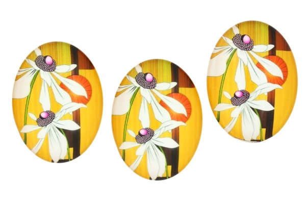 GLASS BEADS - CABOCHONS PATTERN - ELLIPSE 30х40 MM - FLOWERS - WHITE - 10 pcs.