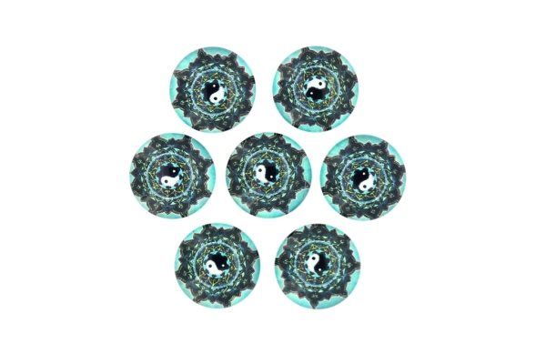 GLASS BEADS - CABOCHONS PATTERN - ROUND 16 MM - YIN AND YANG - BLUE - 25 pcs.