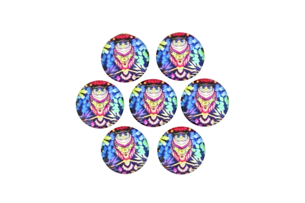 GLASS BEADS - CABOCHONS PATTERN - ROUND 16 MM - BIRD - OWL COLORFUL 02 - 25 pcs.