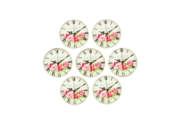 GLASS BEADS - CABOCHONS PATTERN - ROUND 16 MM - CLOCK WITH FLOWERS - 25 pcs.